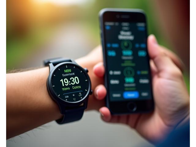 Close-up view of a smartwatch displaying fitness metrics during an outdoor run, integrated with a mobile app.