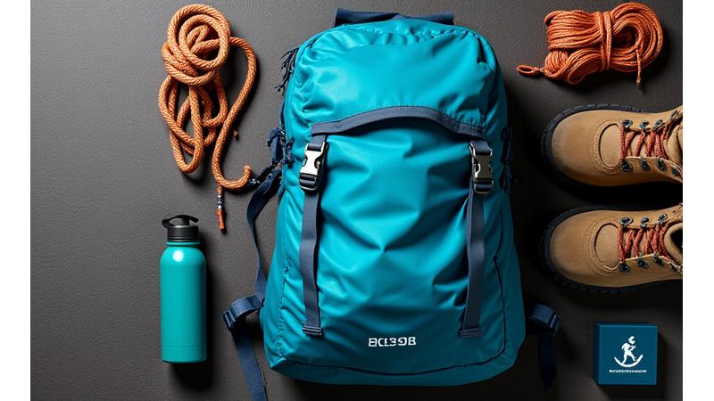 Close-up of well-maintained adventure fitness equipment like a durable backpack and climbing rope, implying quality and care.