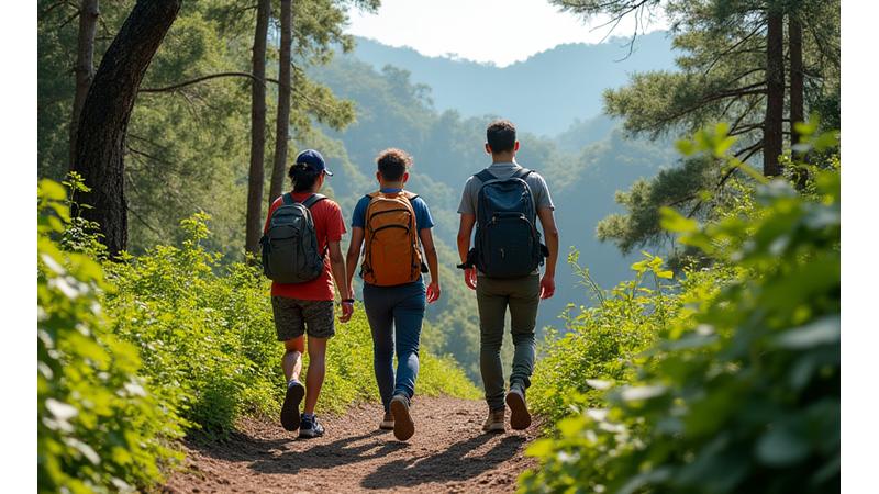 A diverse group of adventurers collaborating and smiling on a trail, showcasing positive interaction and teamwork.