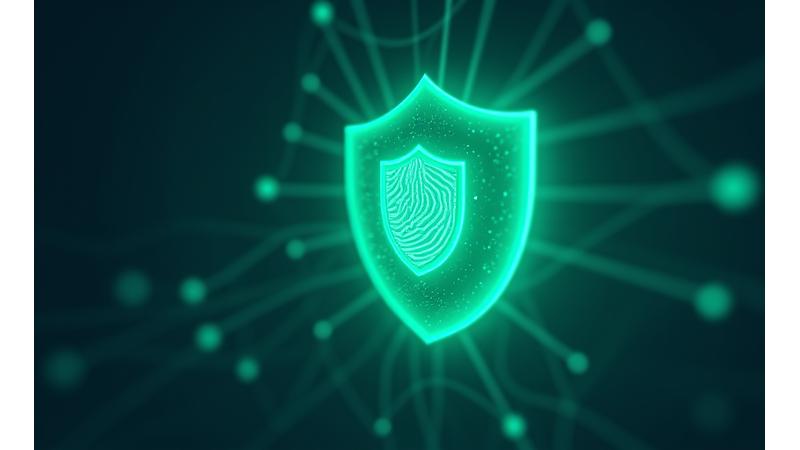 Abstract depiction of digital security, featuring a shield icon over interconnected data points, representing data protection.