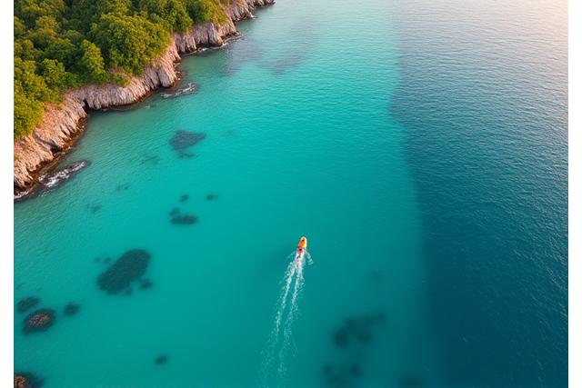 Drone view of open water swimmer in stunning coastal location