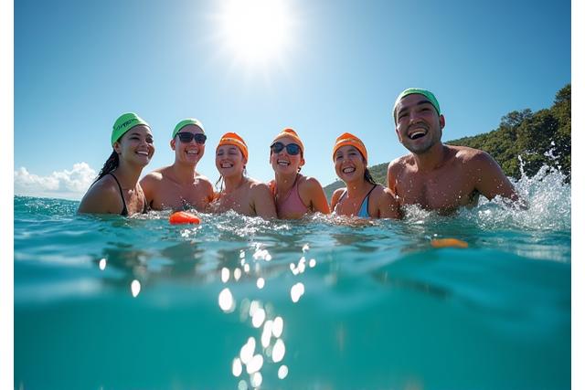 Group of happy swimmers in clear blue water
