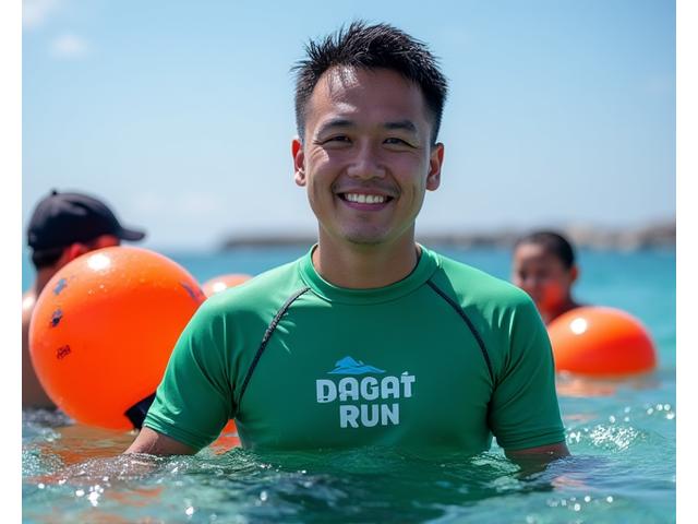 Open water swimming instructor demonstrating safety techniques
